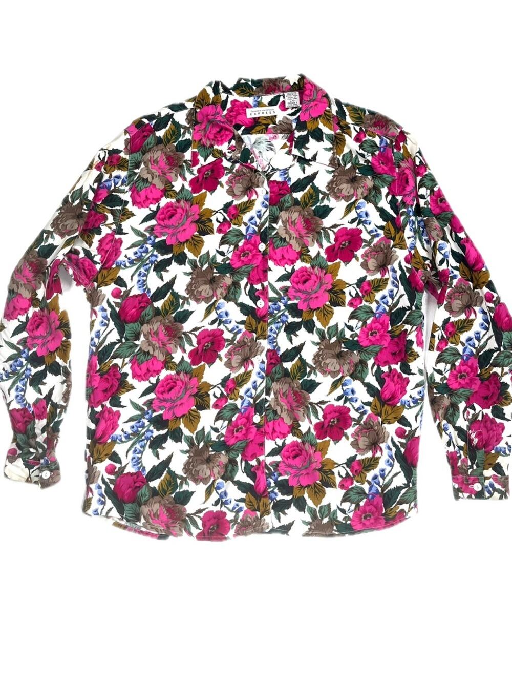 Vintage Floral Shirt 90s Express Oversized Button Down Large Bright Pink Roses